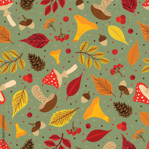 Vector colorful autumn seamless pattern with fall leaves, cone and mushrooms.