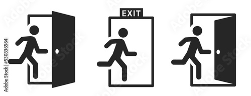 Emergency exit sign set. Man running out fire exit. Running man and exit door sign. Escape help evacuation. Safety vector symbol. photo