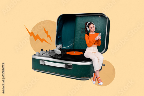 Retro abstract creative artwork template collage of young beautiful girl sit vinyl recorder listen retro music headphones device playlist photo