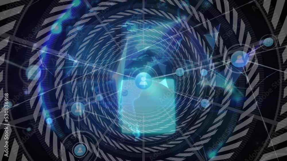 Animation network green and icons and network of connections on black background Animation network green and icons and network of connections on black background