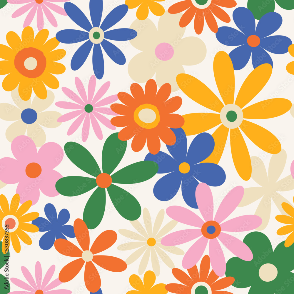 Trendy floral pattern in the style of the 70s with groovy daisy flowers. Vintage style. Bright colorful colors. Retro floral vector design y2k. Trendy floral pattern in the style of the 70s with groovy daisy flowers. Vintage style. Bright colorful colors. Retro floral vector design y2k.