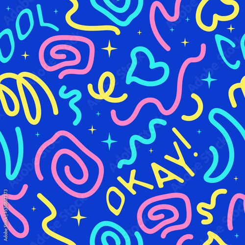 Seamless pattern of bright neon doodle lines. Creative artistic contemporary background in the style of the 90s. Trendy design with abstract psychedelic geometric  weird shapes.