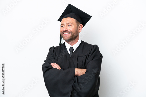 Middle age university graduate man isolated on white background happy and smiling