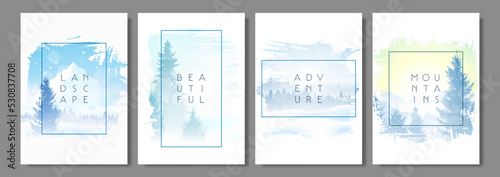 Winter landscapes set. Snowy background. Snowdrifts. Snowfall. Clear blue sky. Blizzard. Snowy weather. Design for brochure, magazine, flyer, booklet, poster, book, cover. Flat vector illustration. 