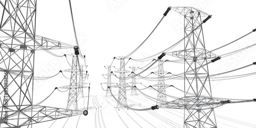 Electricity pylons, white background - 3D illustration
