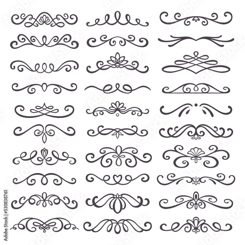 Hand drawn text dividers and vintage elements. Flourishes and swirls for wedding decoration