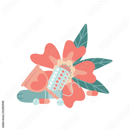 Concept of periods, pain during menstruation. Vials, tablets, pain reliever, menstrual cup, tampon. Hand drawn vector flat style illustration