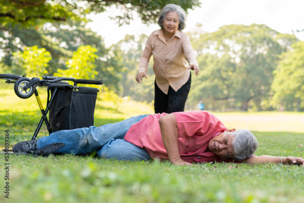 Asian senior man falling down from wheelchair on lying floor after trying push the wheelchair forward and Crying in pain and asking someone for help. Concept of old elderly insurance and health care Asian senior man falling down from wheelchair on lying floor after trying push the wheelchair forward and Crying in pain and asking someone for help. Concept of old elderly insurance and health care
