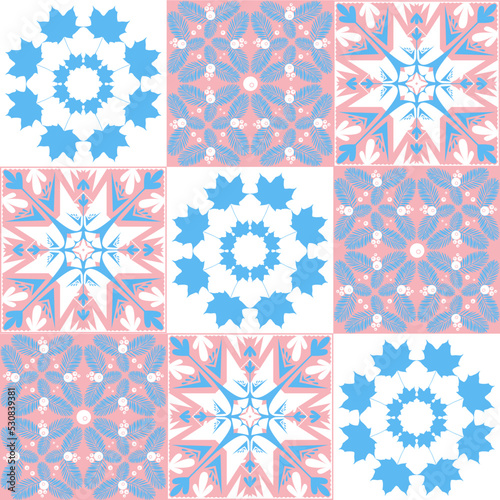 TalaVera de Puebla pastel colored ceramic tile, traditional spanish portuguese pattern for wall and ceramic tile design, pink blue white vector illustration