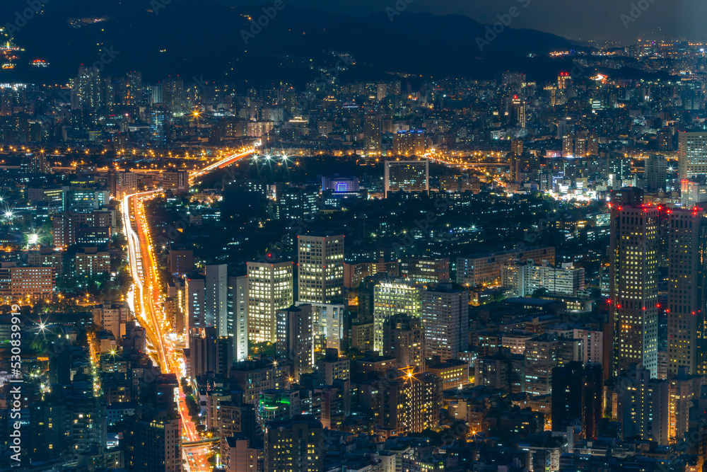 Fototapeta premium Night aerial view of the Xinyi District cityscape