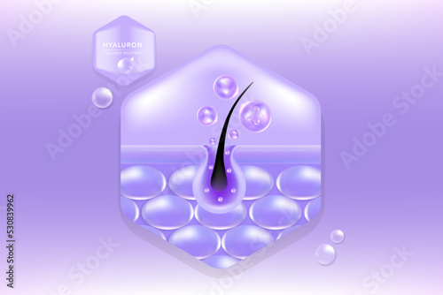 Hyaluronic acid hair and skin solutions ad, purple collagen serum drop into skin cells with cosmetic advertising background ready to use, illustration vector.