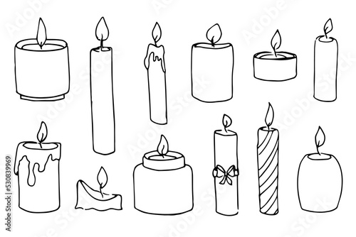 Sketch of Candles. Hand drawn vector illustration with candlelight in doodle style for Christmas or birthday design. Simple contour drawing for icon or logo. Black line on white isolated background