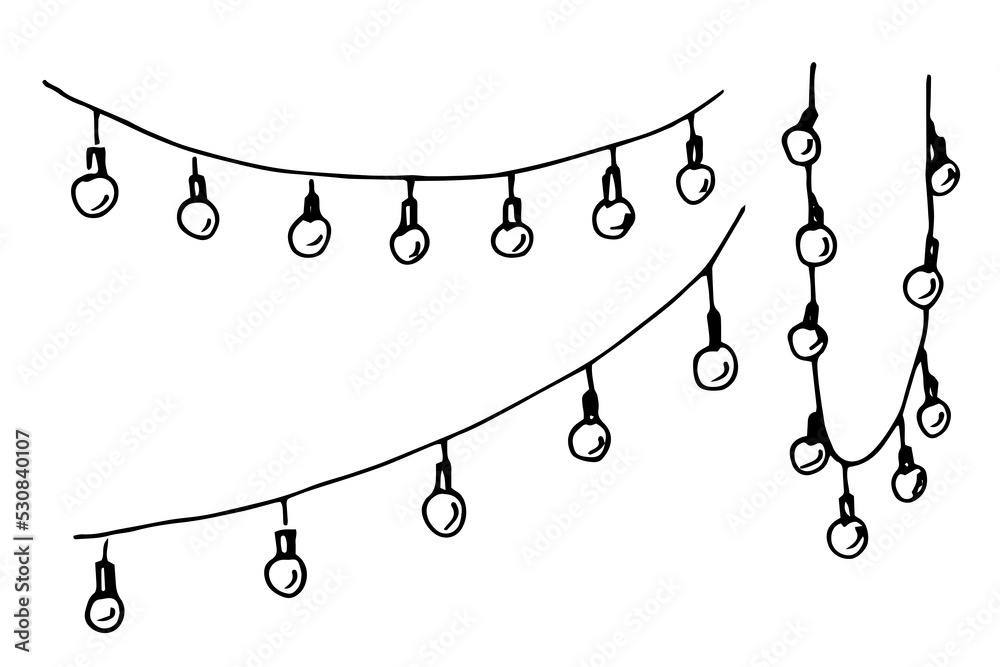 Garland with Lights. Vector hand drawn illustration in doodle style for party. Sketch of hanging pennants on white isolated background