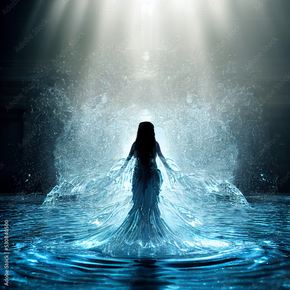 3d render of water elemental goddess emerging from water. AI generated