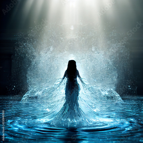 Fényképezés 3d render of water elemental goddess emerging from water