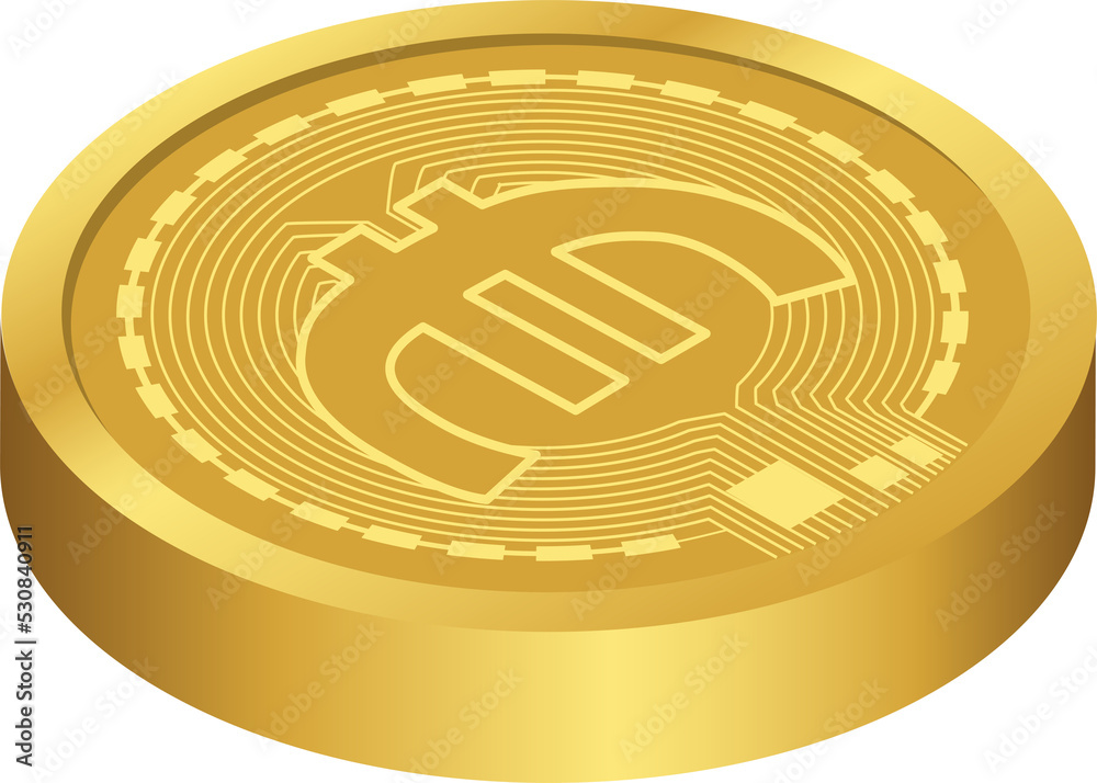 Euro digital gold coin PNG side view. Currency exchange, financial