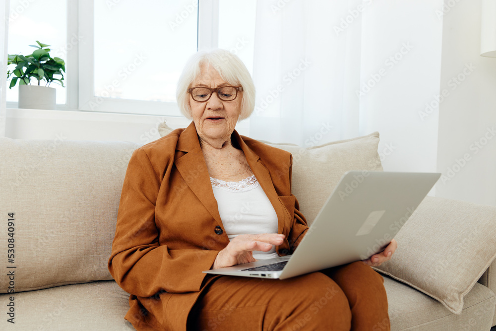 a pleasant, wise elderly woman is sitting looking at a laptop on the sofa in a relaxed pose in a bright room near the window with glasses on her face a pleasant, wise elderly woman is sitting looking at a laptop on the sofa in a relaxed pose in a bright room near the window with glasses on her face