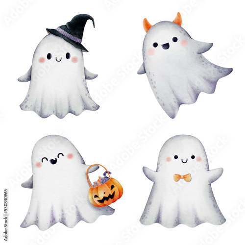 Set of watercolor Halloween Ghost set 1. Vector illustration.