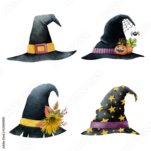 Set of watercolor Halloween black witch Hats set 1. Vector illustration.