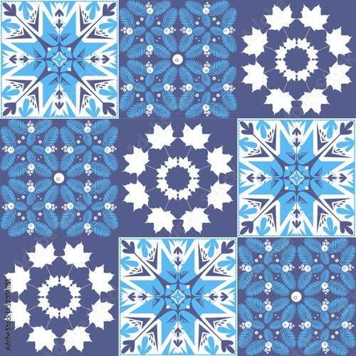 Mediterranean porcelain tiles, blue pattern, azulejo talavera spanish style geometric symmetrical illustration