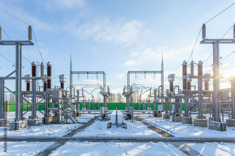 Obraz premium Electrical transformer, equipment for stepping up or stepping down voltage, high voltage power plant