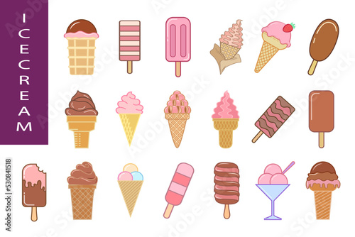 Ice cream colorful designs. Collection of ice cream illustrations. Colorful sweet desserts set isolated on white background.
