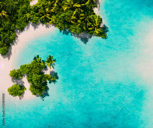 View from above, stunning aerial view of palms on the sandy beach at sunset. Tropical landscape, blue water, waves.