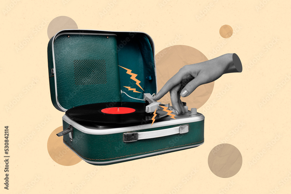 3d retro abstract creative artwork template collage of hand turn on vinyl recorder play listen old music vintage retro culture melody song - obrazy, fototapety, plakaty 