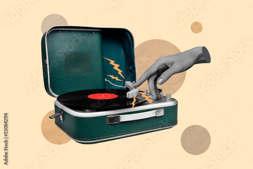 3d retro abstract creative artwork template collage of hand turn on vinyl recorder play listen old music vintage retro culture melody song