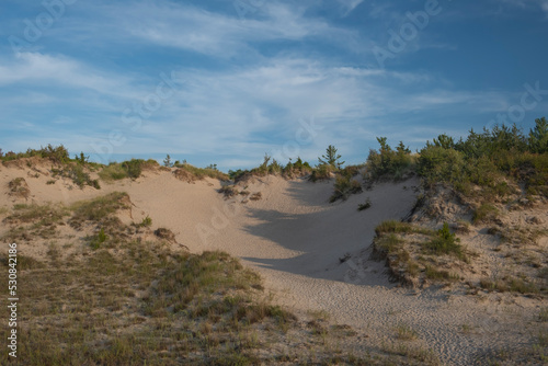 Large sand dunes at Pinery Provincial Park by Lake Huron in Ontario Canada. Sunny day, blue sky. 