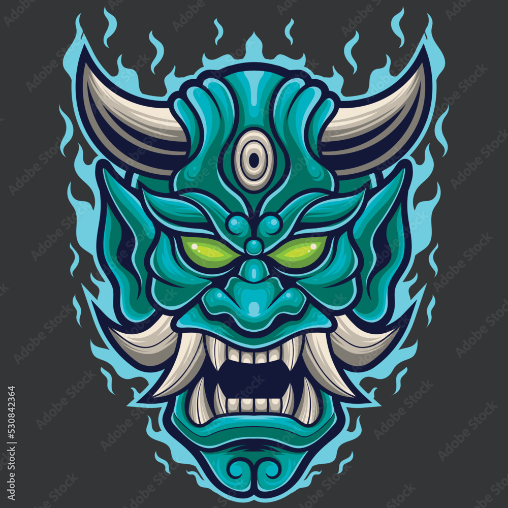Fototapeta premium Vector Illustration of Green Devil Mask in Vintage Style