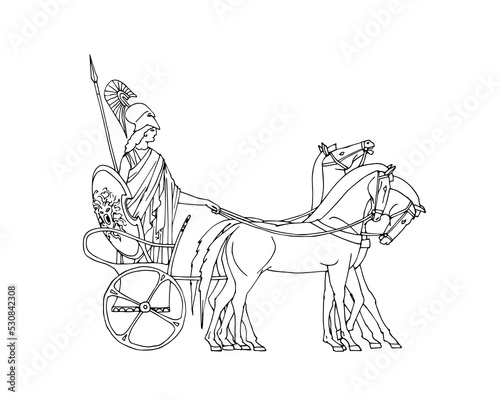 Athena on a chariot. An ancient Greek goddess. A symbol of glory and victory. Vector illustration with contour lines in black ink isolated on a white background in cartoon and hand drawn style.