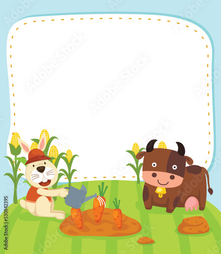 Empty banner template with cartoon rabbit and cow illustration