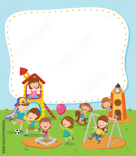 Empty banner template with children playing in playground illustration