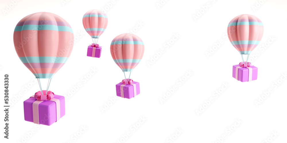 3D rendering of Color hot air balloon flying with a gift box on white background