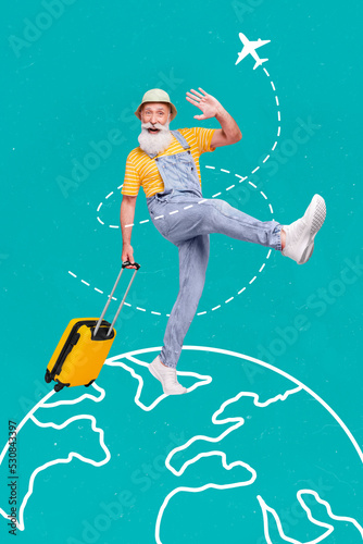 Collage advertisement of funny senior man ready travel worldwide with bag low cost isolated on teal color background