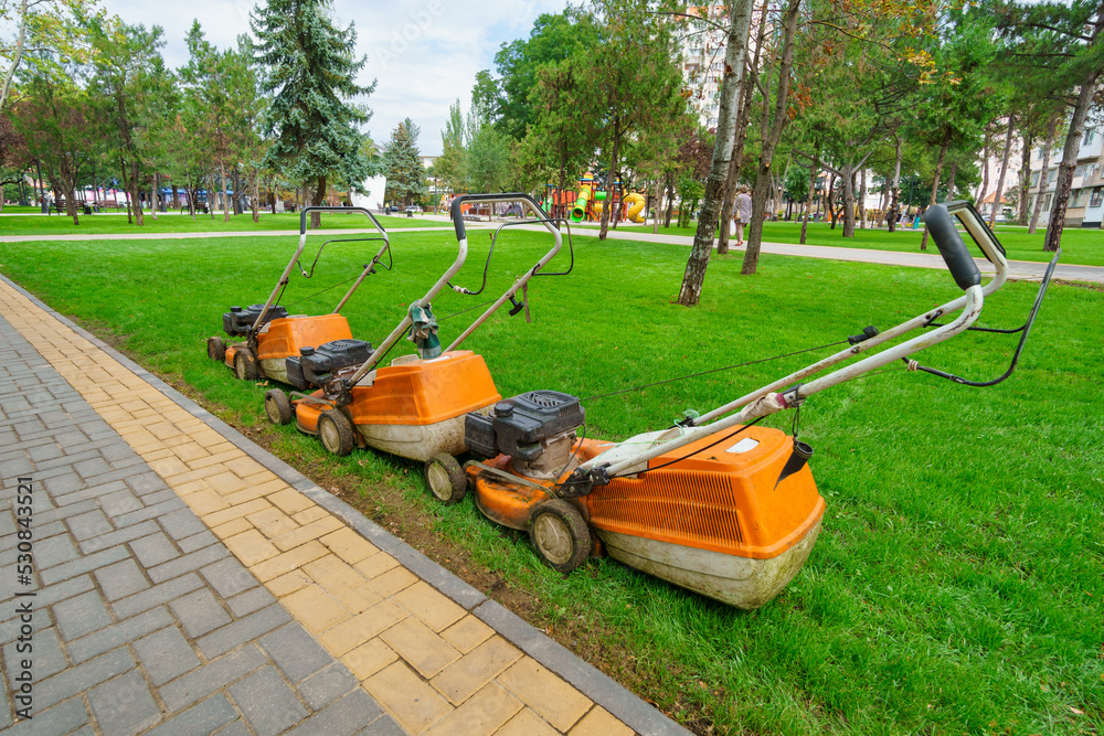 lawn mowers at the edge of the lawn in a city park, a path made of