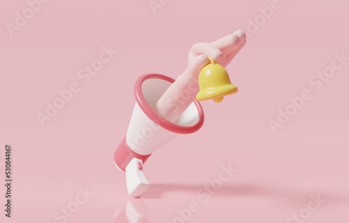 Hand holding bell come out of megaphone, public information notification, promotion or sales announcement concept, 3d render illustration. 