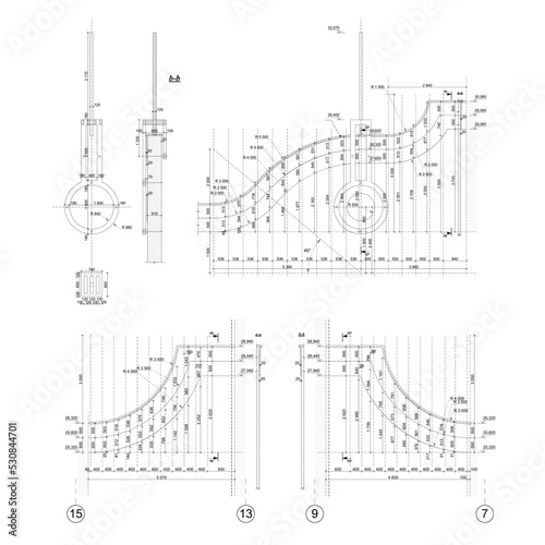 Detailed architectural fronton plan of a multistory building Vector blueprint. 