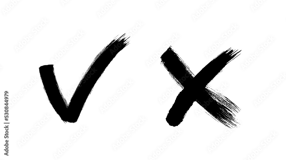 Brush painted yes and no checkmarks. Black and white check and cross signs. Drawn vote approve and reject icons. X and V emblems. Brush painted yes and no checkmarks. Black and white check and cross signs. Drawn vote approve and reject icons. X and V emblems.