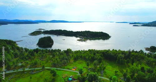 Fjellsholmen island near Jørpeland city in Norway the aerial panorama including Sun Mirror on Klungholmen in HDR photo