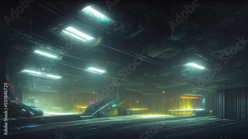 Modern underground parking, tunnel, basement with wires and neon light. Rough concrete, asphalt, light reflection, dark empty studio, room, grunge scene. 3D illustration