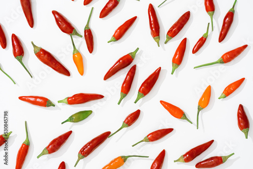 pattern of small peppers on a white background. one green pepper among all red ones. not like everyone else