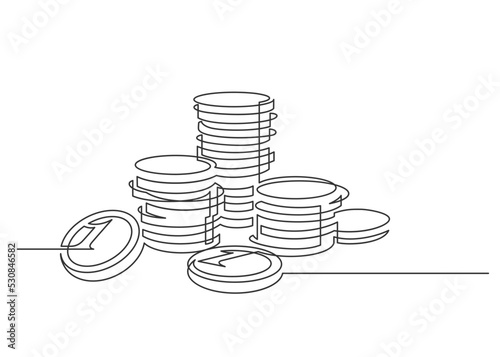 Stacks of coins penny cents. Continuous one line drawing. Vector illustration