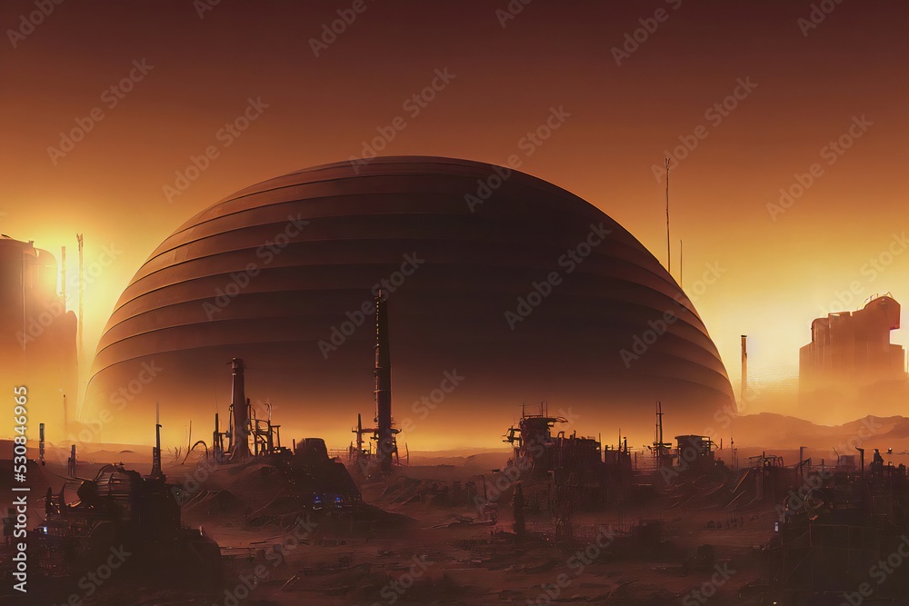 Illustration  showing a martian alien base in the background. Mars colonization concept. Alien  megastructures. 