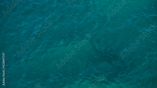 Panoramic banner with turquoise blue green oceanic water as background with copy space, at sunny day. Concept holidaying.