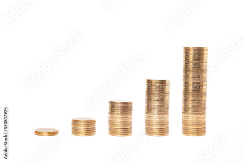  Close-up of coins stack on white background. 