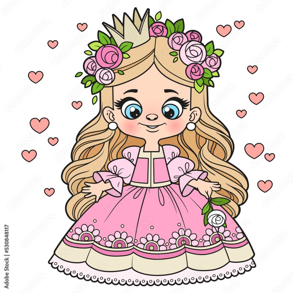 Cute cartoon longhaired princess girl with rose in hand color variation for coloring page on white background Cute cartoon longhaired princess girl with rose in hand color variation for coloring page on white background