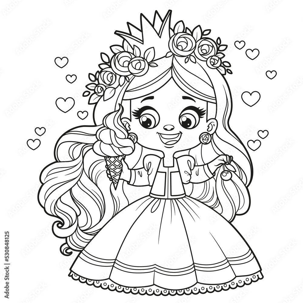 Fototapeta premium Cute cartoon longhaired girl princess withice cream and cherry outlined for coloring page on white background