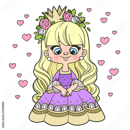 Cute cartoon longhaired princess in a dress with bouffant skirt and roses wreath color variation for coloring page on white background